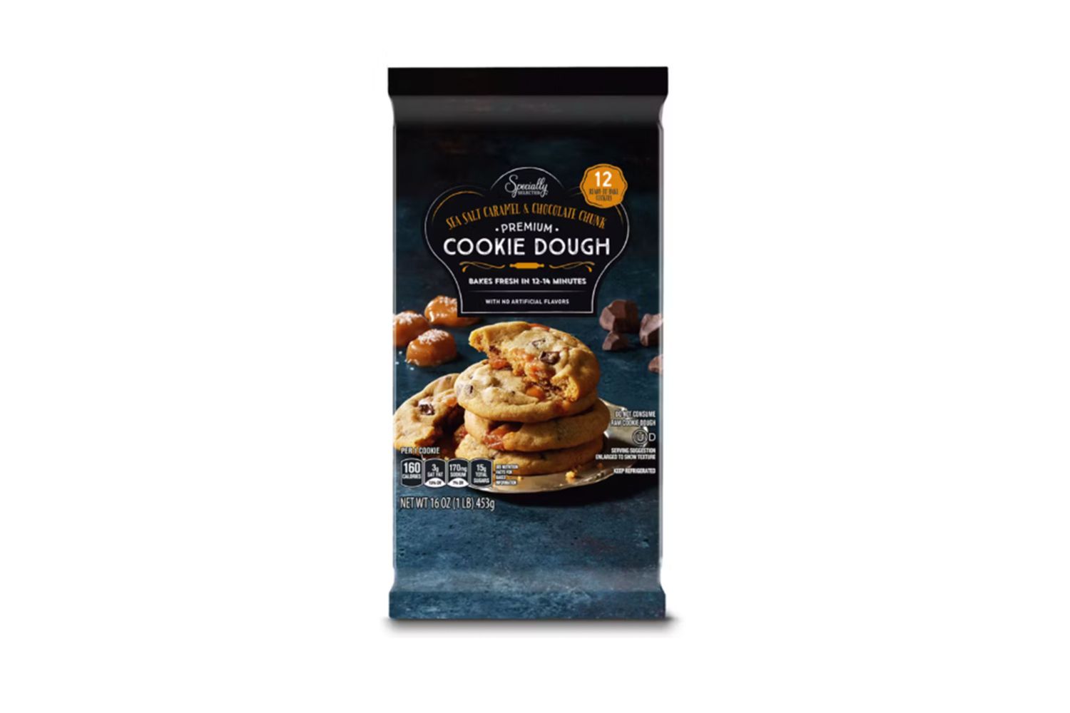 Package of cookie dough showing baked cookies on the label