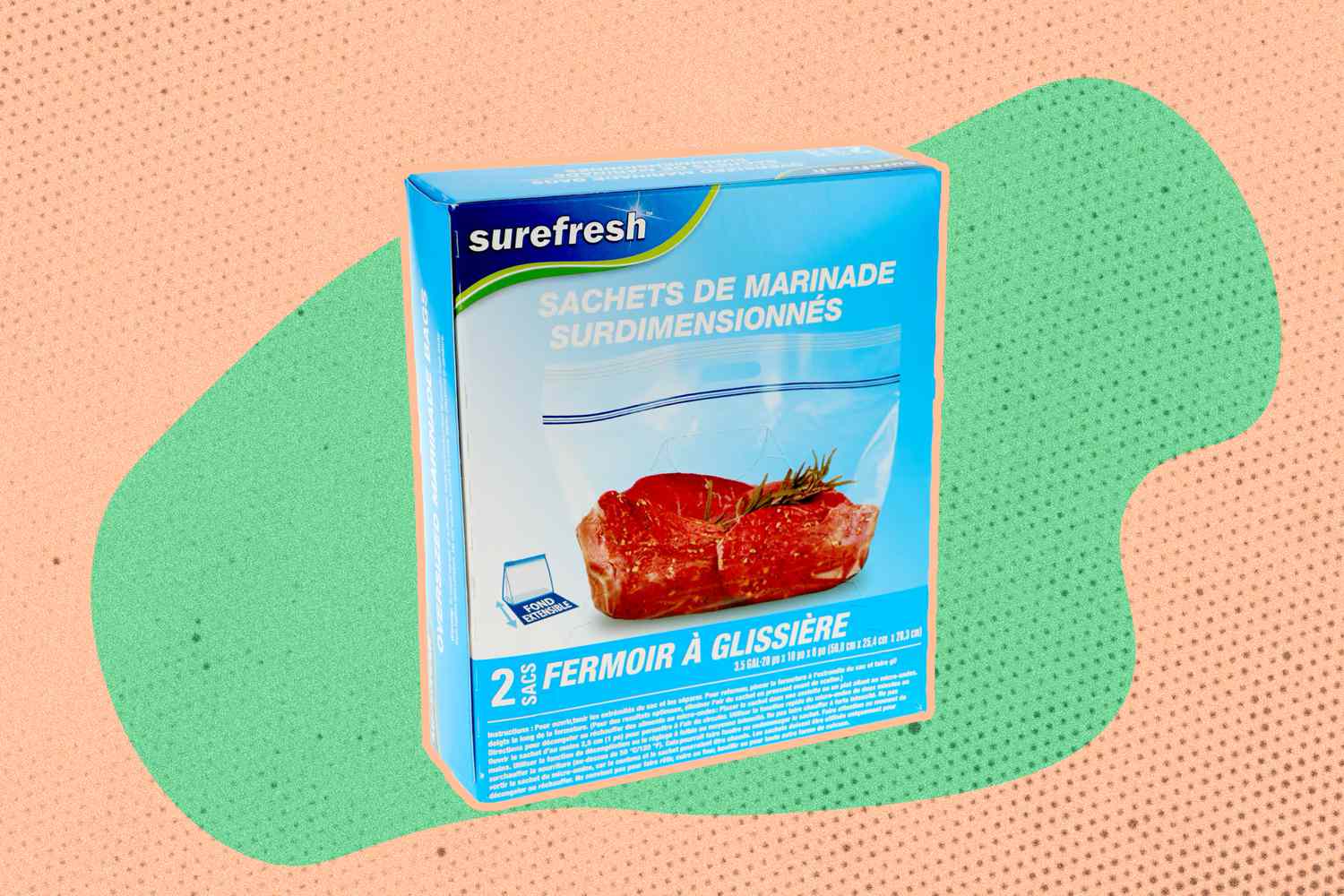 Box of Dollar Tree Surefresh Oversized Marinade Bags over a green and orange speckled background