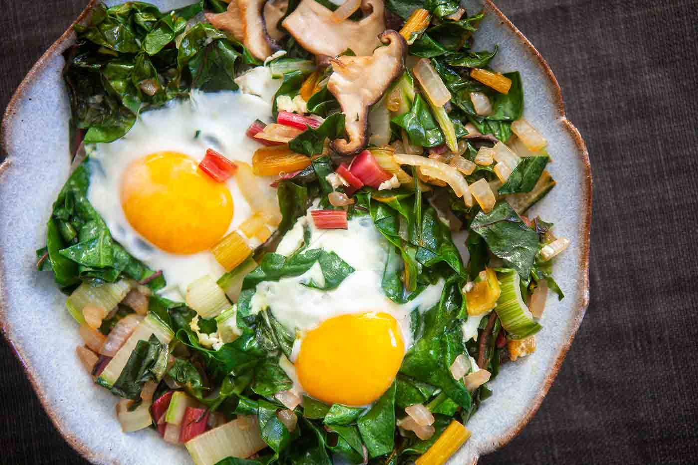 Eggs Nested in Sautéed Chard and Mushrooms