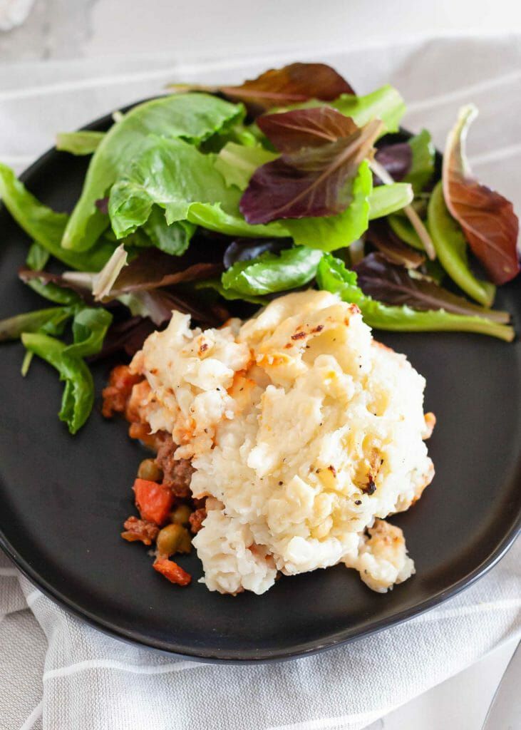 easy healthy shepherd's pie with mixed green salad