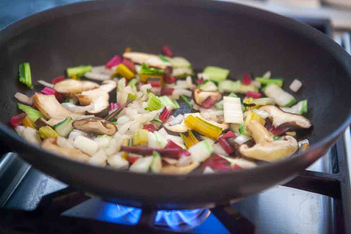 saute swiss chard stems and mushrooms