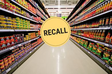 A grocery store aisle with a "recall" badge superimposed over it