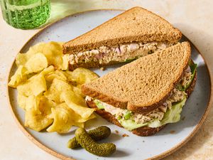 Small plate with a tuna salad sandwich, chips and small pickles on a tan countertop