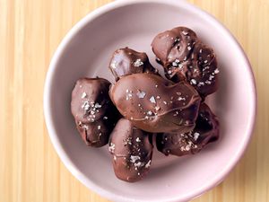 Tahini-Chocolate Dates in a small bowl