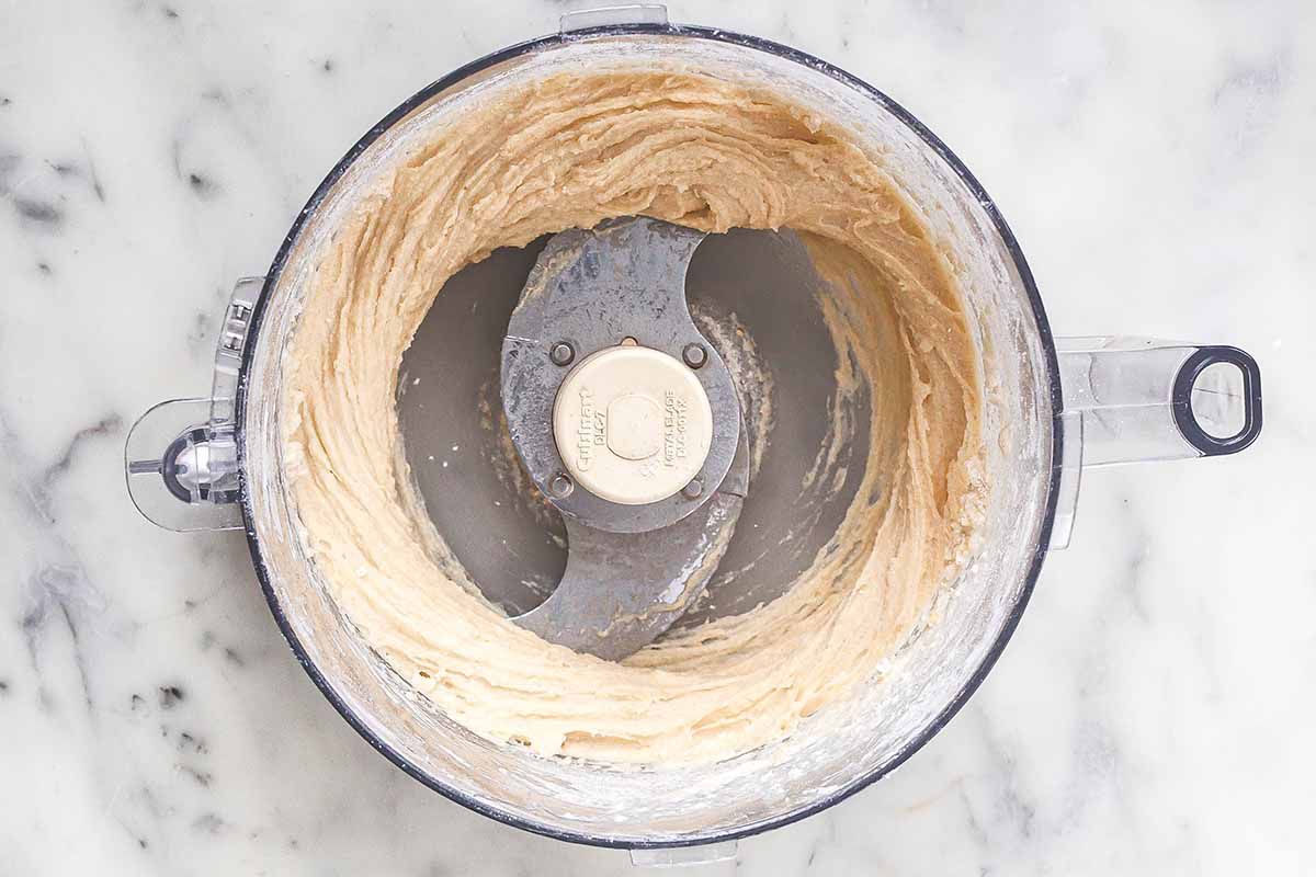 Pear cake batter in the food processor.