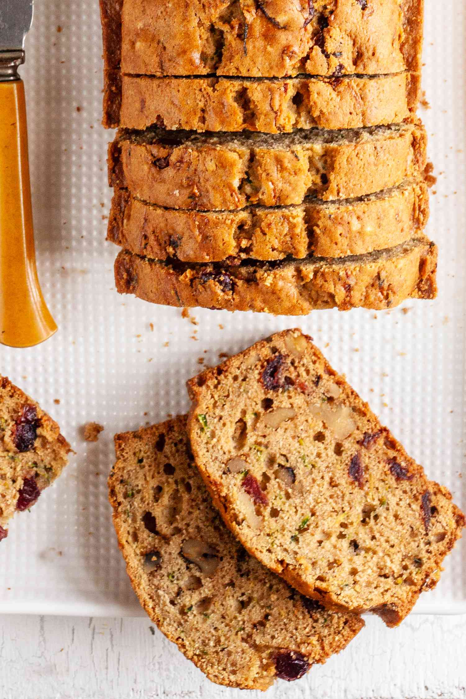 Easy Zucchini Bread Cut into Pieces on Tray 