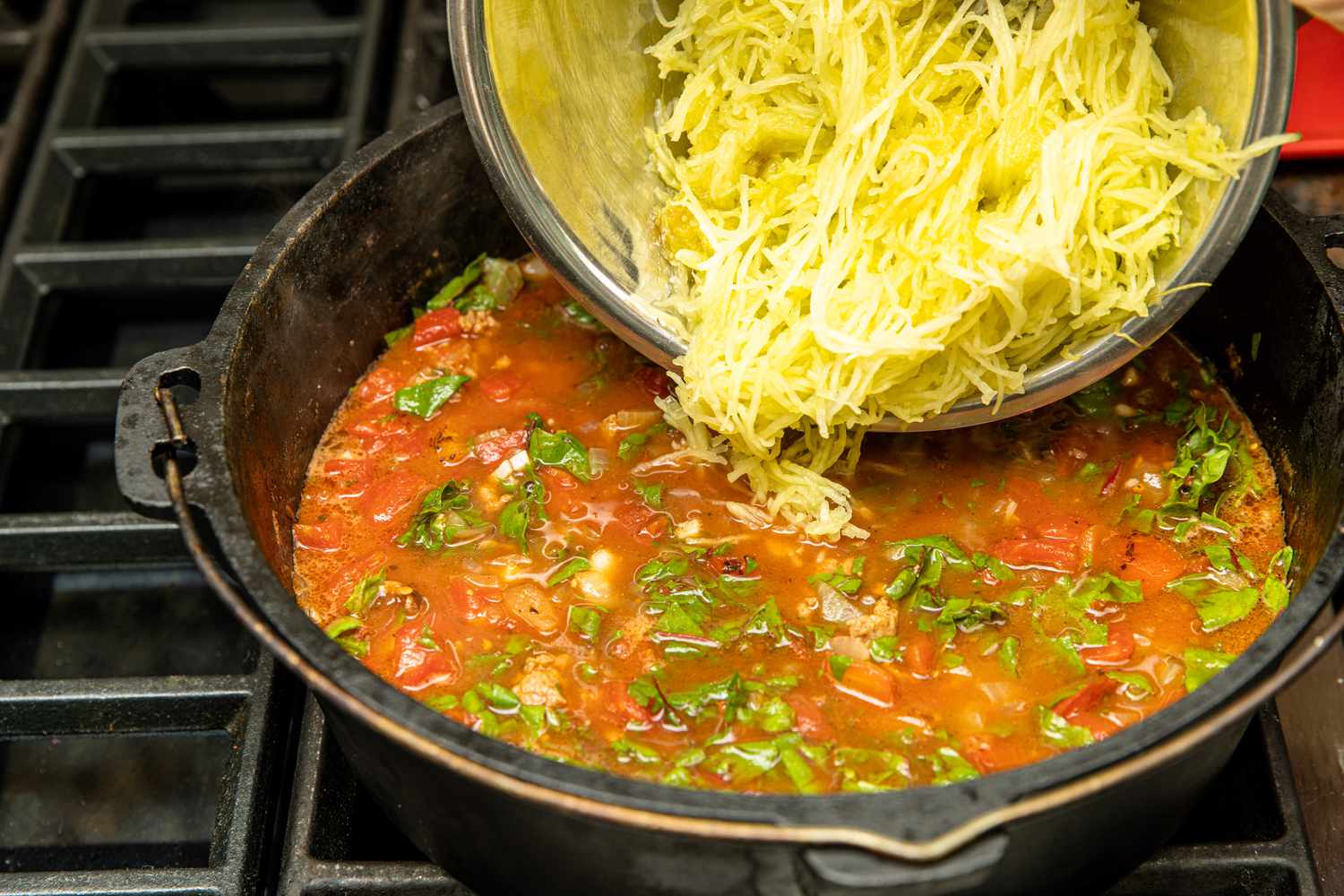 Spaghetti Squash Soup Added to Cast Iron Pot 