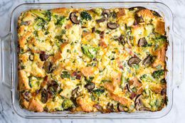 Overhead shot of the finished breakfast casserole in a 9x13 baking dish