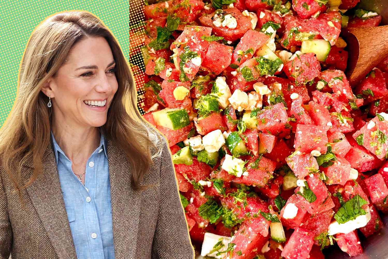 Kate Middleton smiling next to a bowl of watermelon salad with ingredients like cucumbers and feta cheese