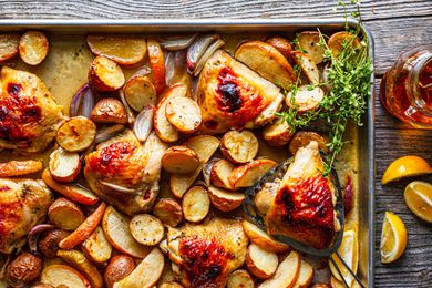 Honey Roasted Chicken Thighs with Baby Potatoes, Apples, Shallots, and Thyme