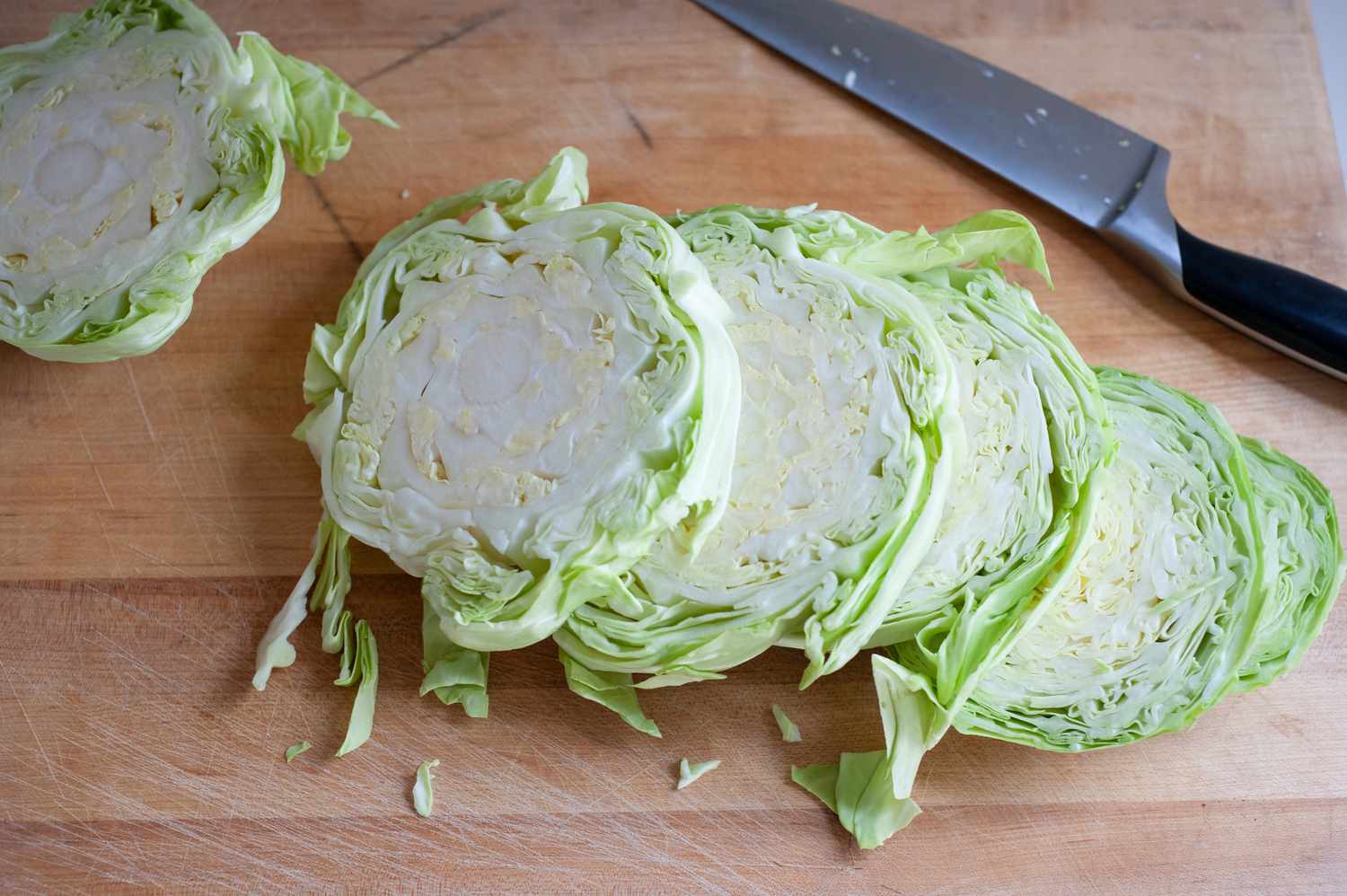 Sliced cabbage to make crunchy garlic breadcrumbs over simply roasted cabbage.
