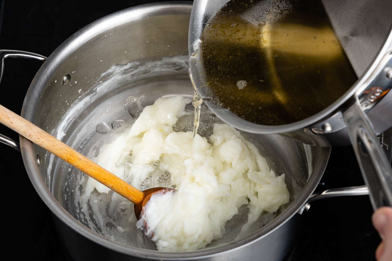 Sugar Syrup Poured Into Pot With Cornstarch Paste for Lokum (Turkish Delight) Recipe