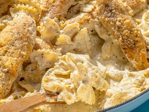 Close-up: chicken caesar pasta in a pan