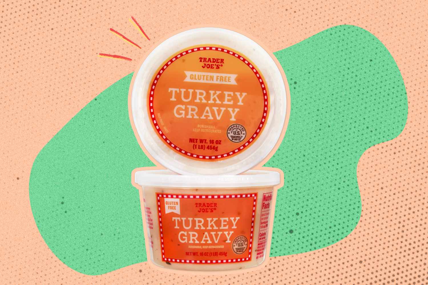 Two containers of Trader Joe's gluten free turkey gravy on an illustrated background