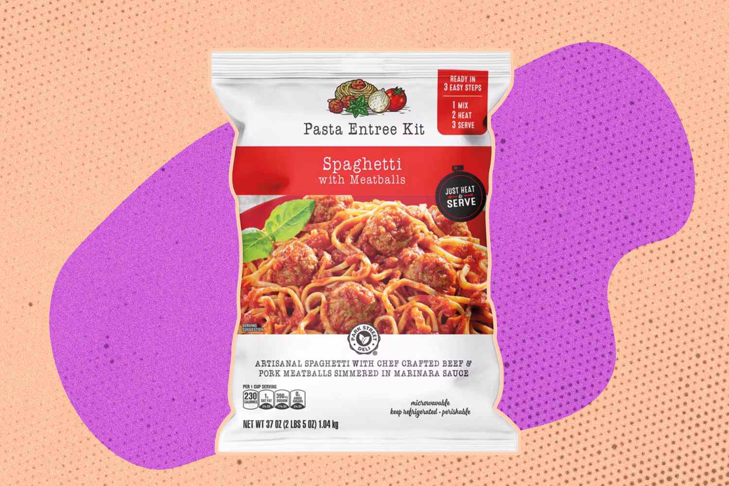 Package of Park Street Deli Pasta Entree Kit Spaghetti with Meatballs from Aldi on a purple and orange speckled background