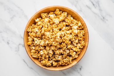 microwave caramel corn in a brown bowl