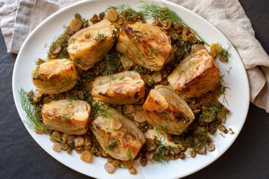 Sautéed fennel on a white platter.