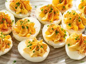 Overhead shot of deviled eggs on a tray
