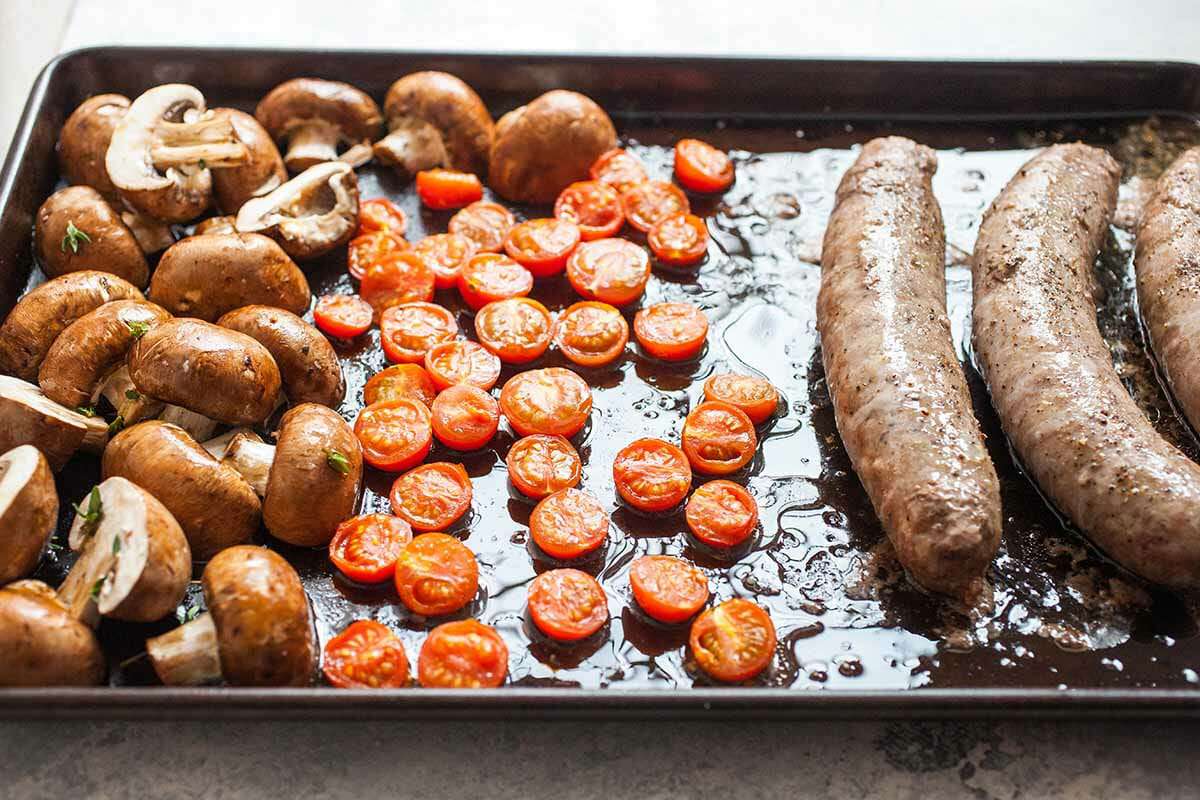 Sheetpan English Breakfast add the mushrooms