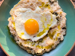 Overhead view of a plate of Ham and Cheese Oat Bran Recipe
