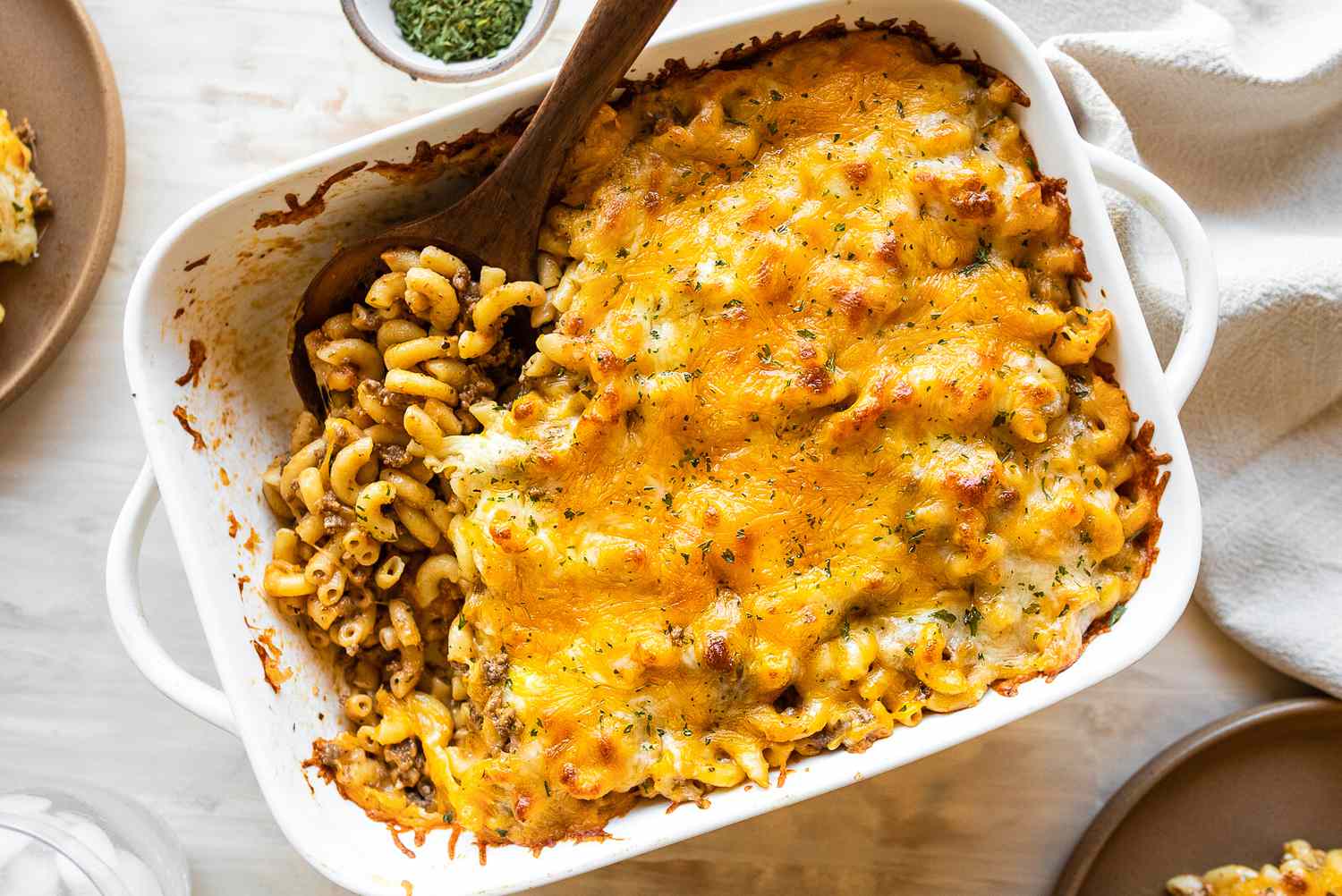 Cheeseburger pasta casserole seen from above