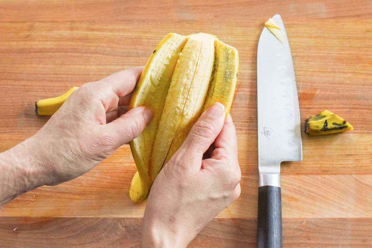 Plantain Lasagna with Beef and Cheese peel the plantains