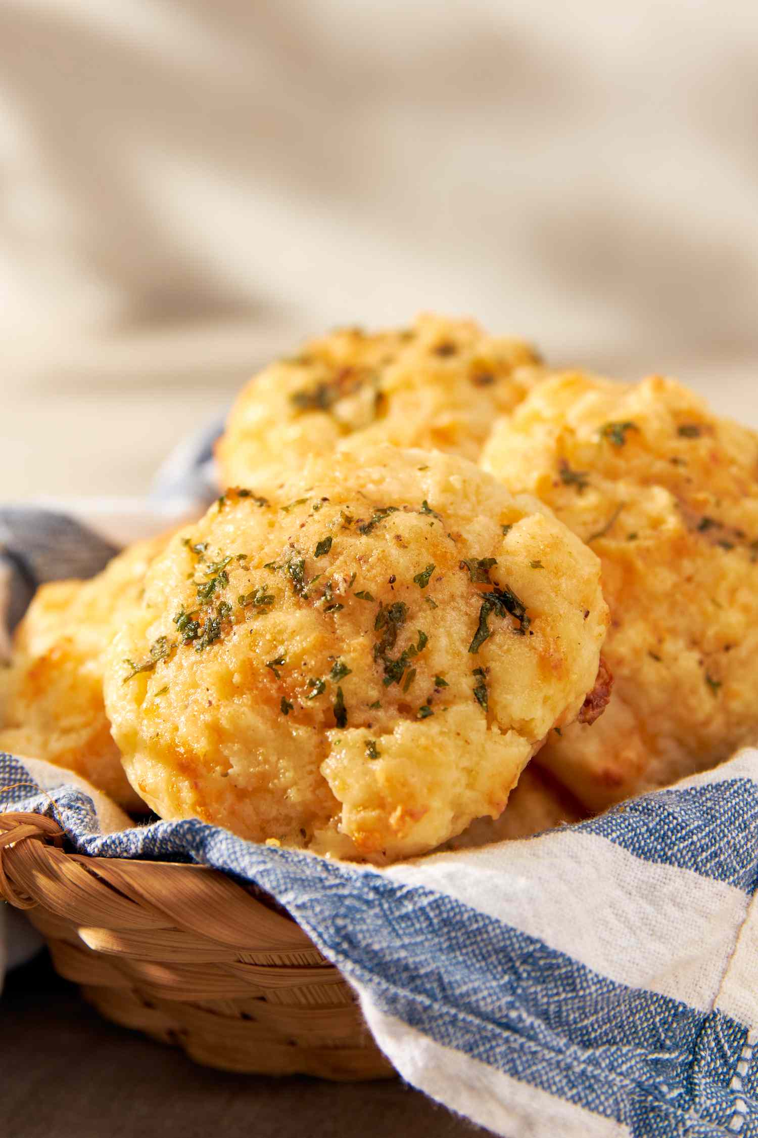 Copycat Red Lobster cheddar bay biscuits in a bread basket