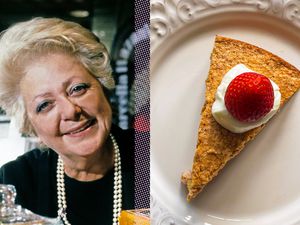 Marcella Hazan, a slice of almond cake topped with whipped cream and a strawberry