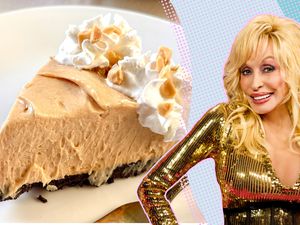 portrait of Dolly Parton next to a slice of Peanut Butter Pie