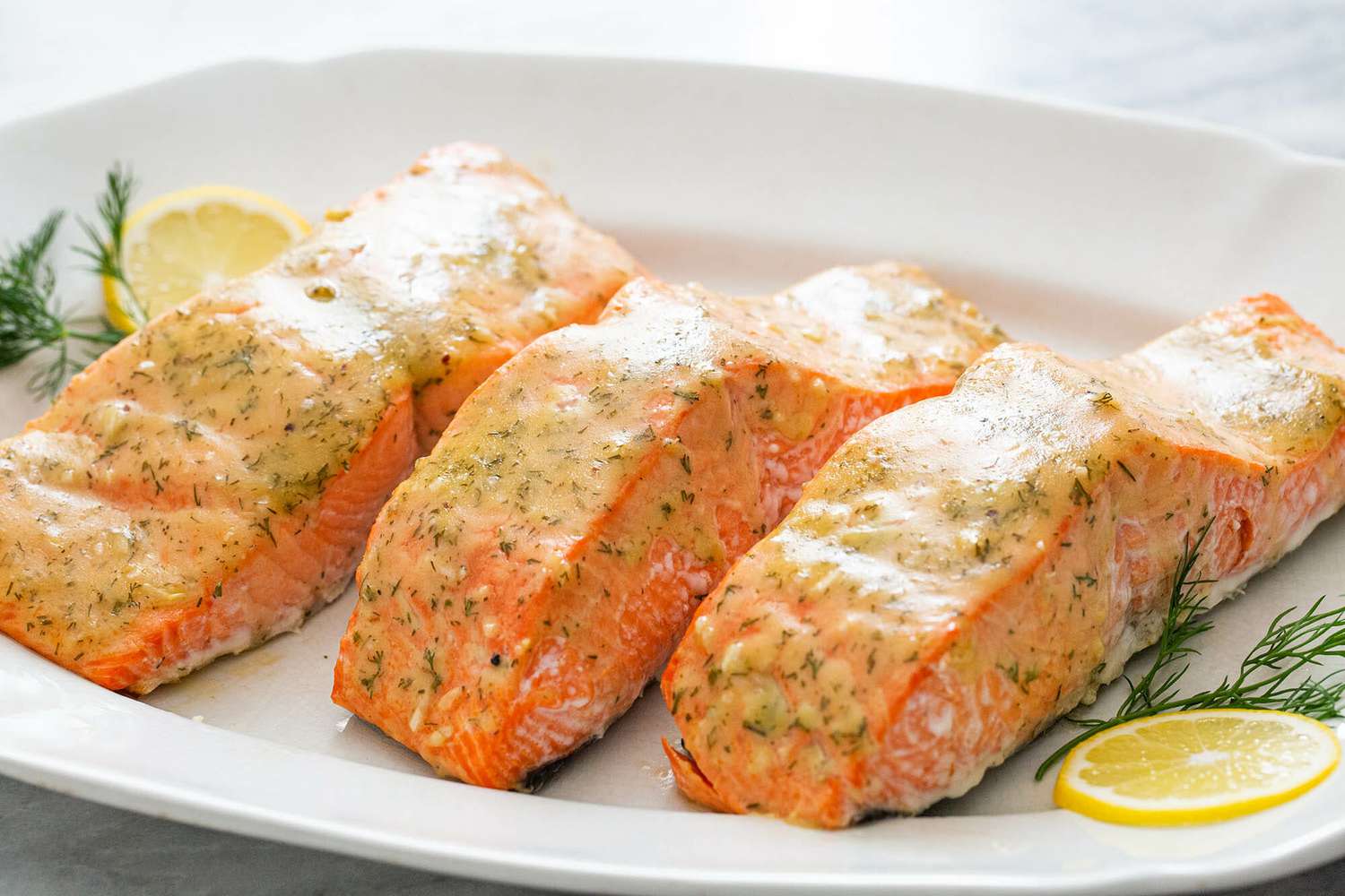 Baked Honey Mustard Salmon on a white platter