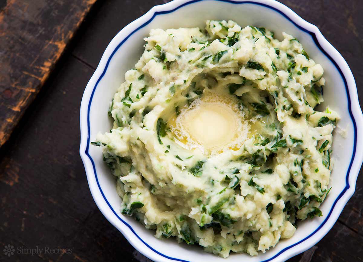 Colcannon Irish Potatoes with Melted Butted in Serving Dish