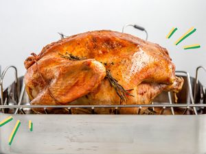 Photo of a baked turkey in a roasting pan with some blue and yellow lined illustrations next to it