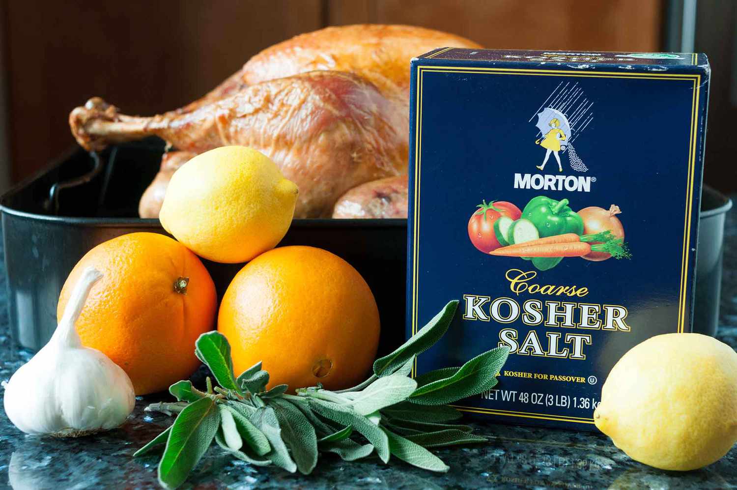 Turkey in a roasting pan with ingredients for turkey brine citrus, garlic and sage
