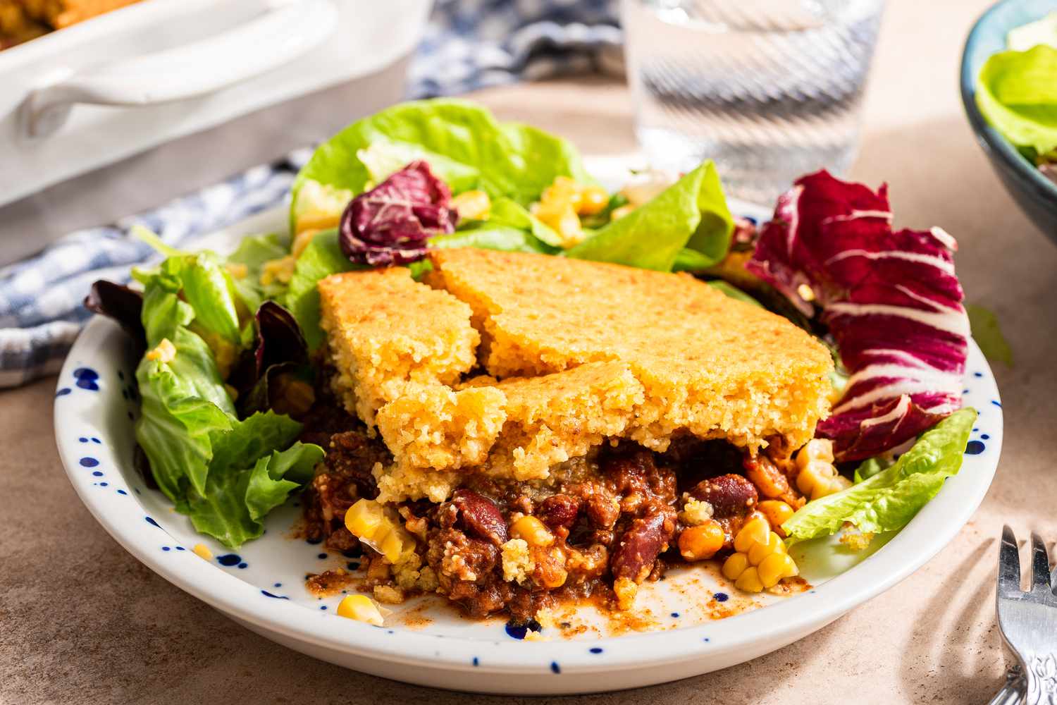 slice of upside down chili pie on a plate 