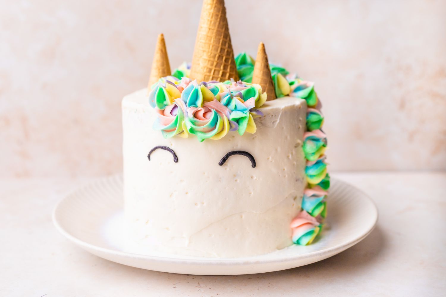 Black Buttercream Half Circles (Smiley Eyes) Added on Unicorn Cake