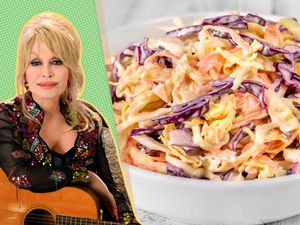Dolly Parton cut out over a green background and a bowl of cole-slaw