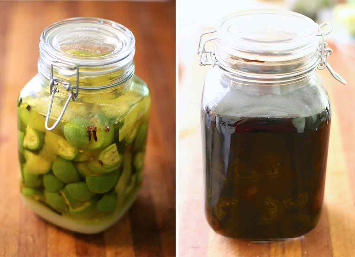 Jar of green walnuts next to a jar of nocino