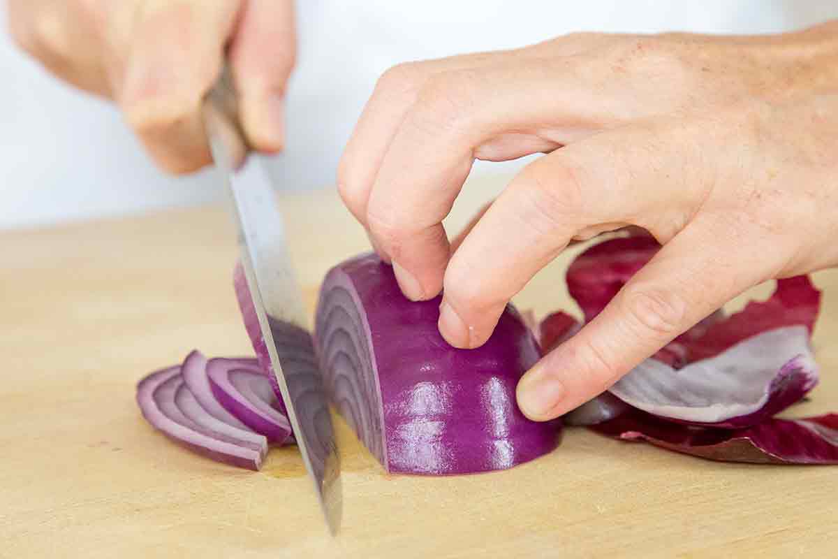 slice onions crosswise