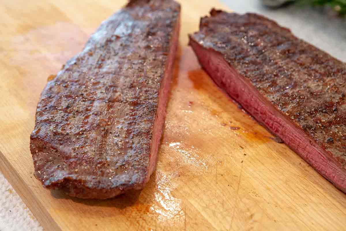 grilled flank steak cut in half