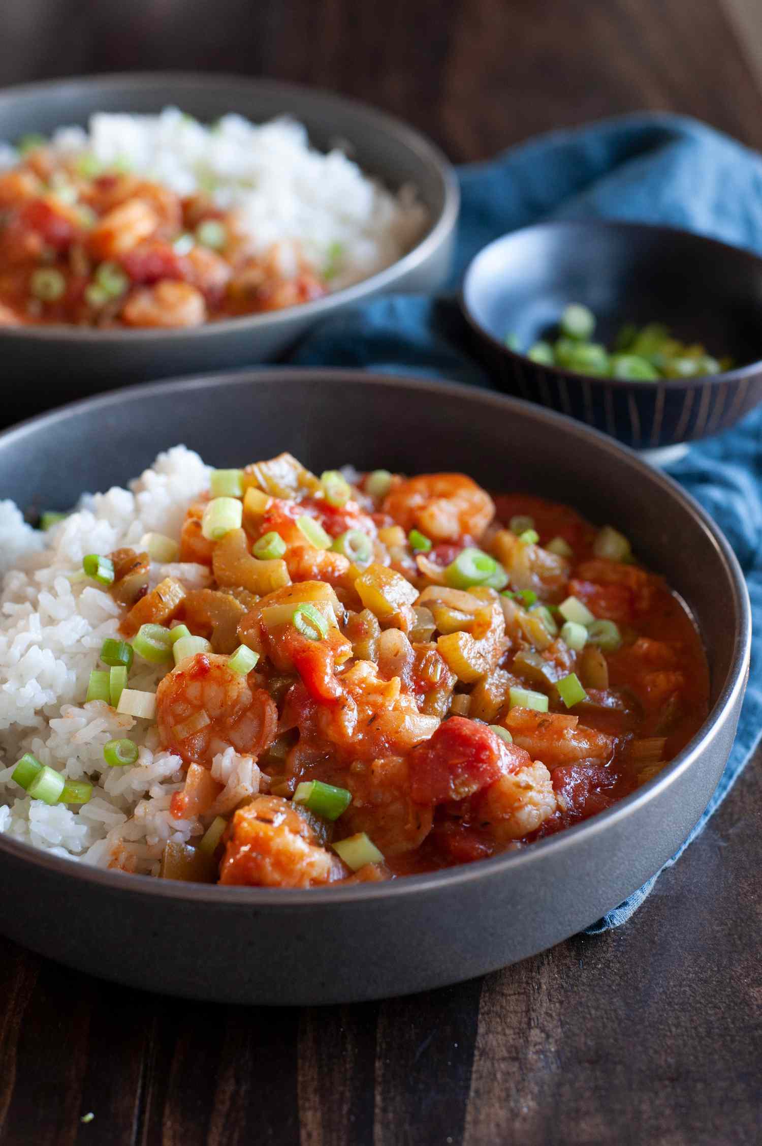 Plated shrimp creole with rice