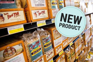 Bob's Red Mill products displayed on a grocery store shelf with a "New Product" label