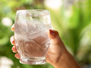 A hand holding a glass of iced water