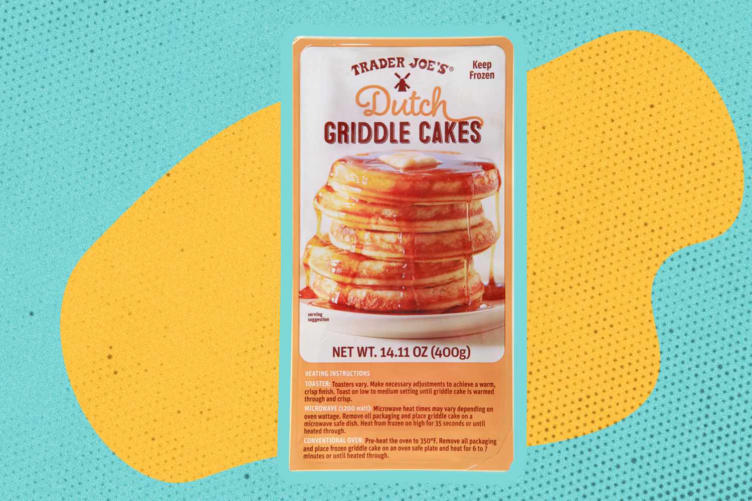 Trader Joe's Dutch Griddle Cakes on a yellow and blue color blob in the background
