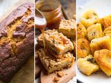 Three images side by side. On the left is a loaf of Pumpkin Bread. In the middle is Pumpkin Cheesecake Bars with Streusel Topping being coated in caramel. On the right is Pumpkin Ricotta Gnocchi on a white plate.