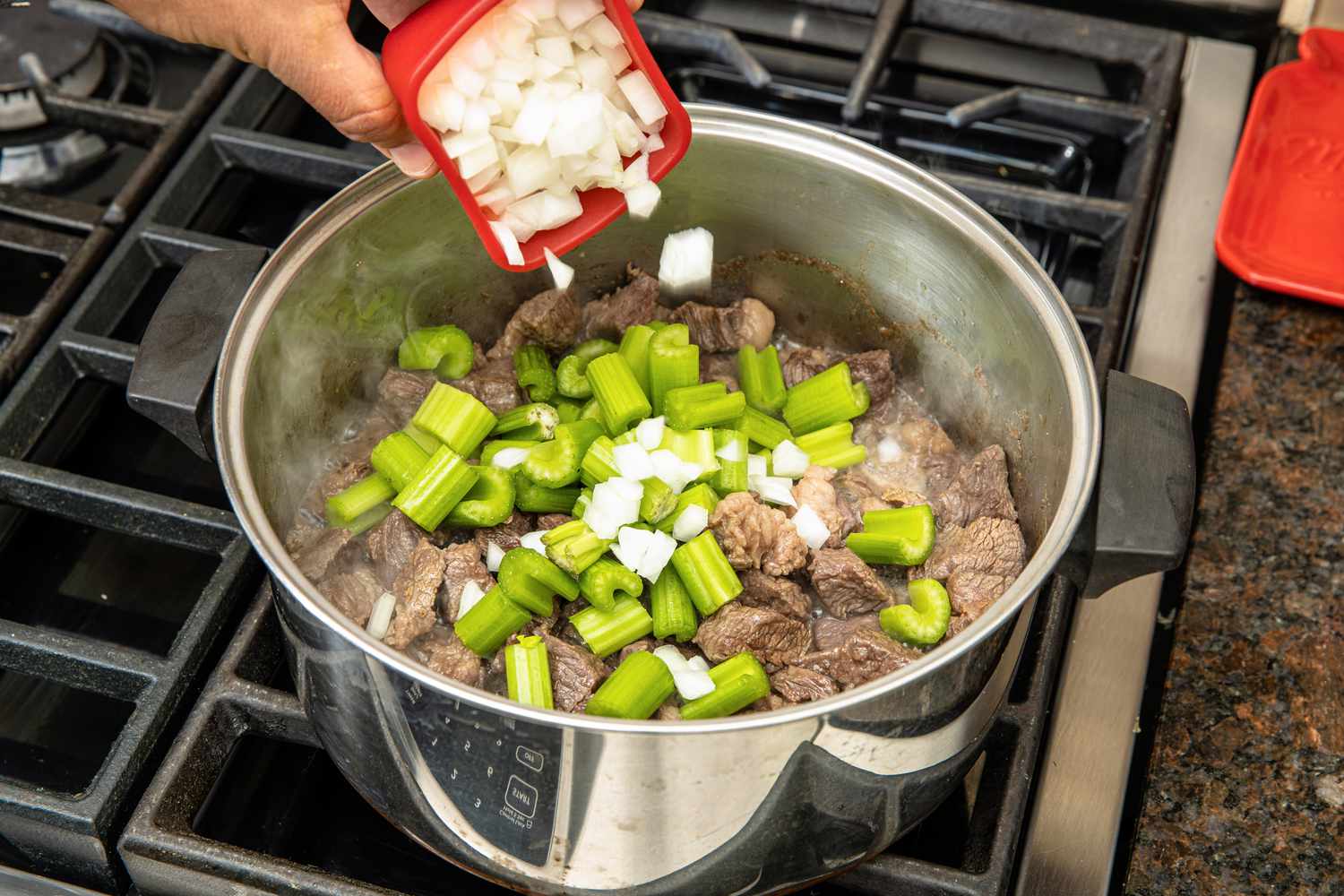 Onions Added to Pot of Easy Beef Stew
