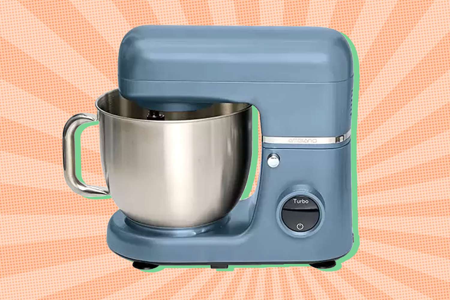 An image of a blue ALDI Ambiano Stand Mixer against a speckled starburst background