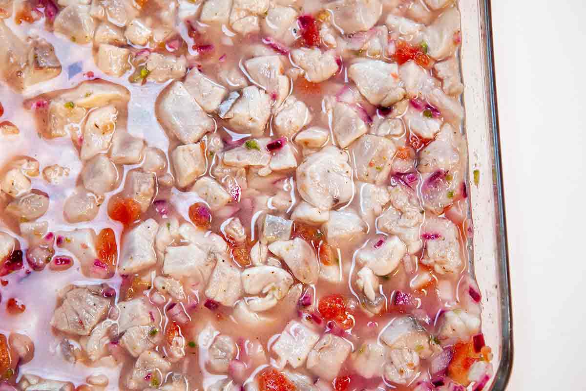 While marinating the ceviche, the fish will change from pinkish grey and translucent to whiter in color and opaque