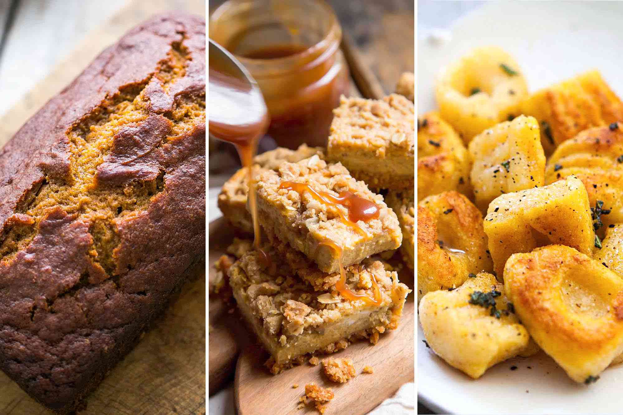 Three images side by side. On the left is a loaf of Pumpkin Bread. In the middle is Pumpkin Cheesecake Bars with Streusel Topping being coated in caramel. On the right is Pumpkin Ricotta Gnocchi on a white plate.