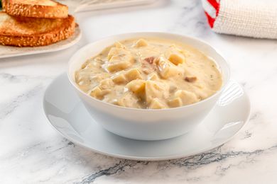 potato soup in a white bowl