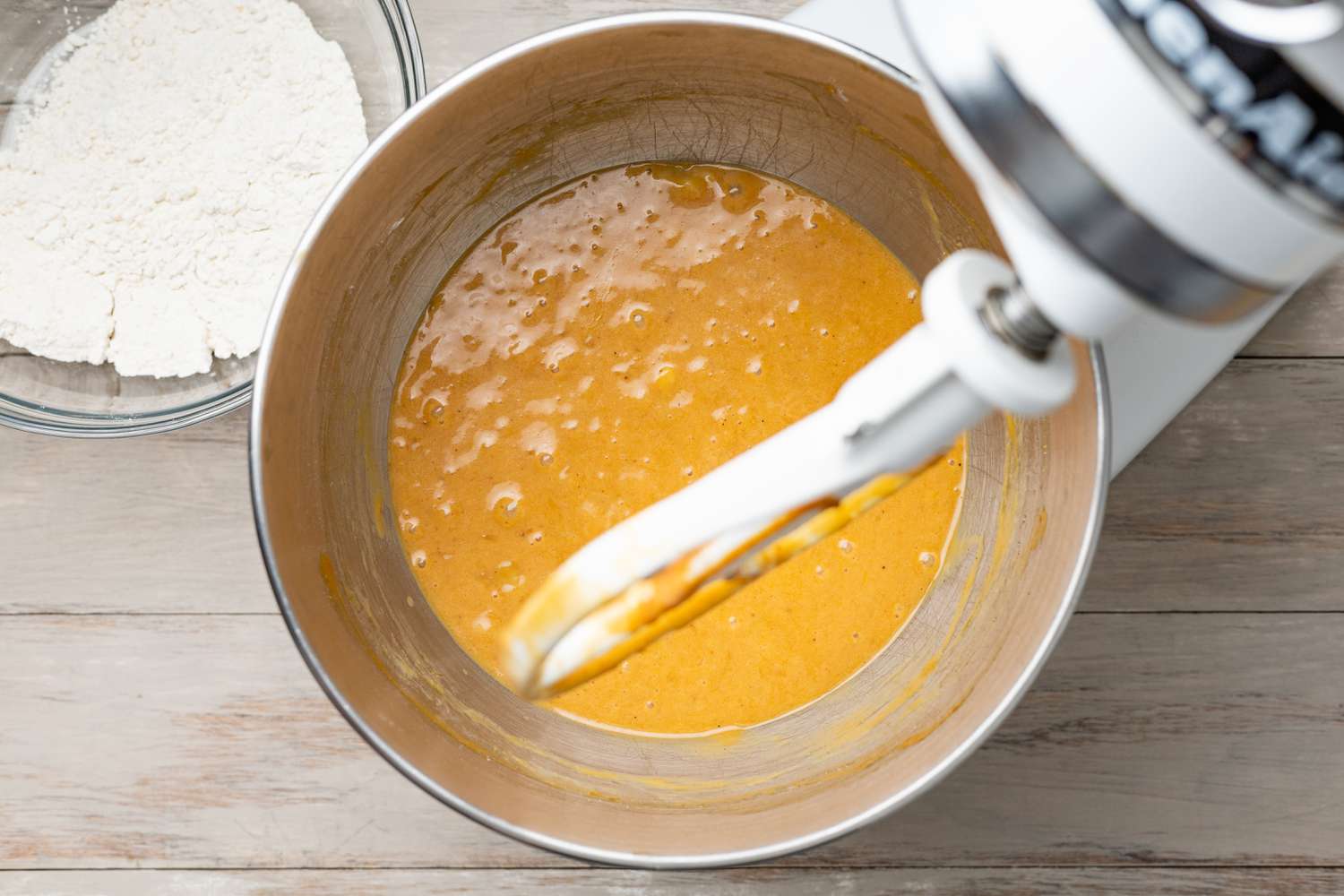 Another Egg Added to the Stand Mixer Next for Spiced Dulce de Leche Banana Bread Recipe